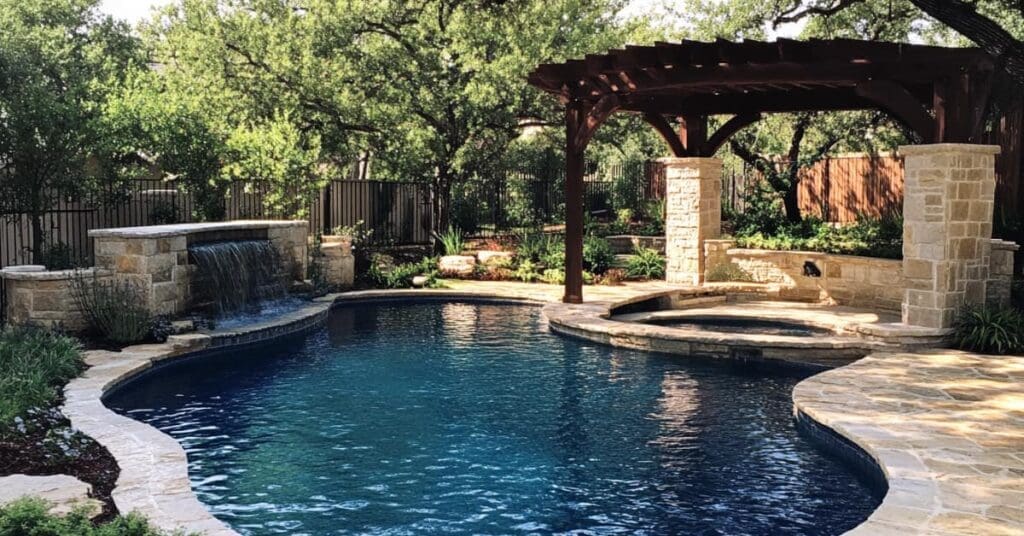 a pool with a waterfall, pergola, spa and surrounded by a fence and trees