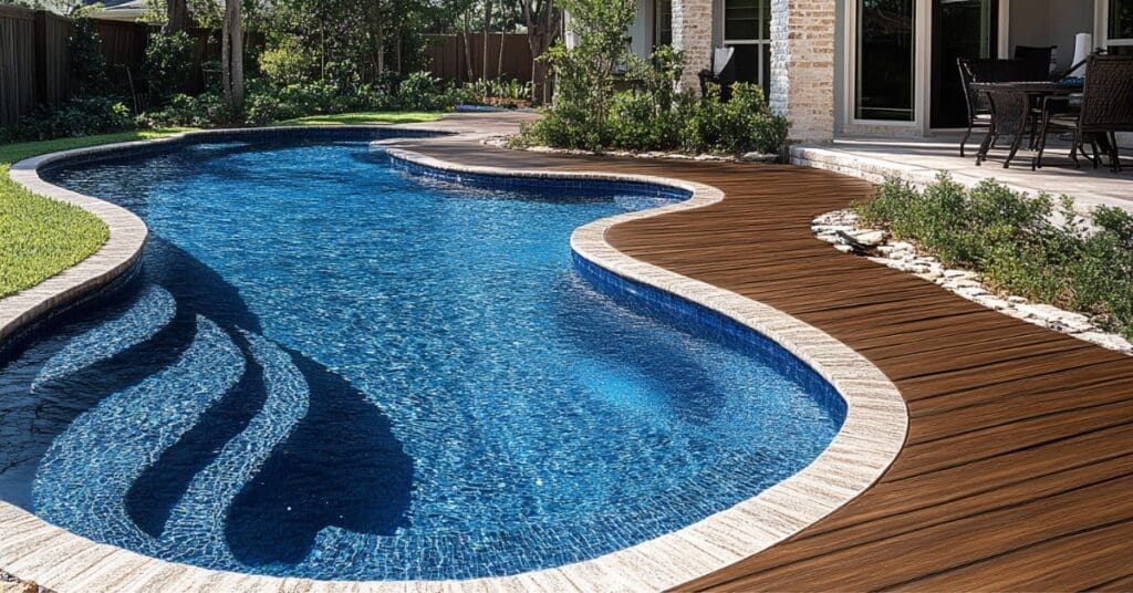 composite wood and stone coping around pool