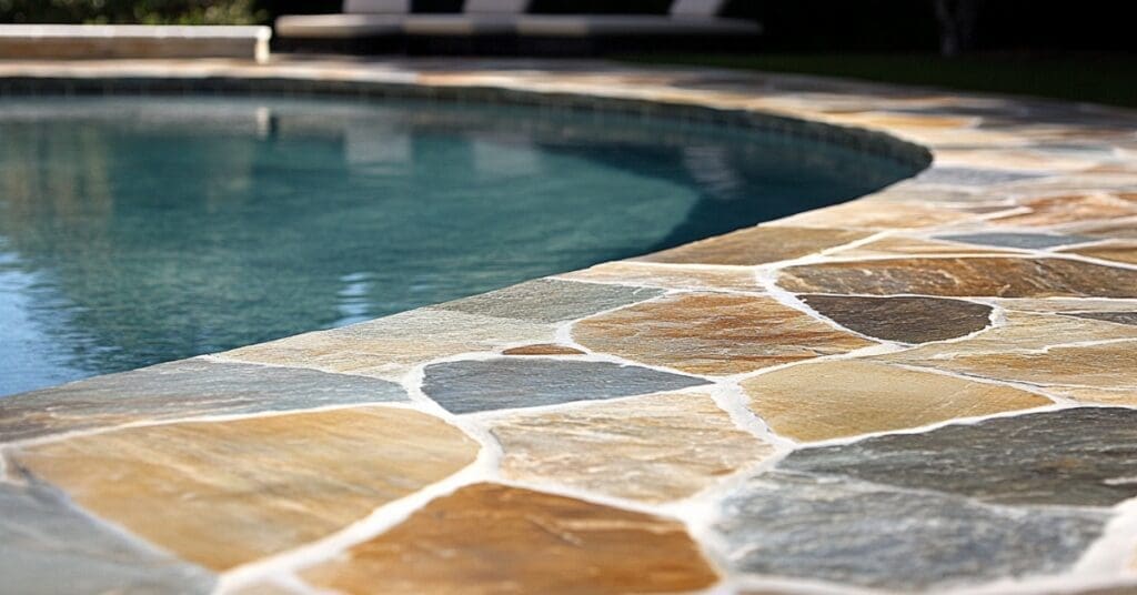 flagstone around pool, concept of Best Pool Decking Options in The Woodlands, Texas