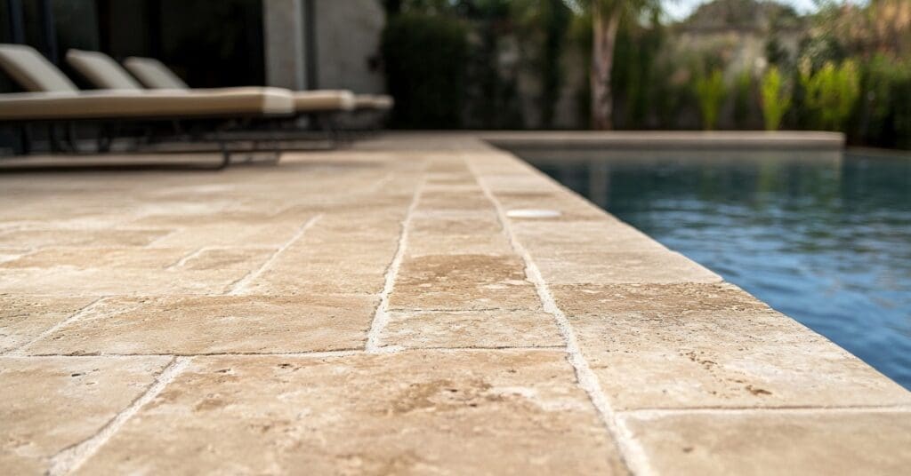travertone stone around pool, concept of Best Pool Decking Options in The Woodlands, Texas