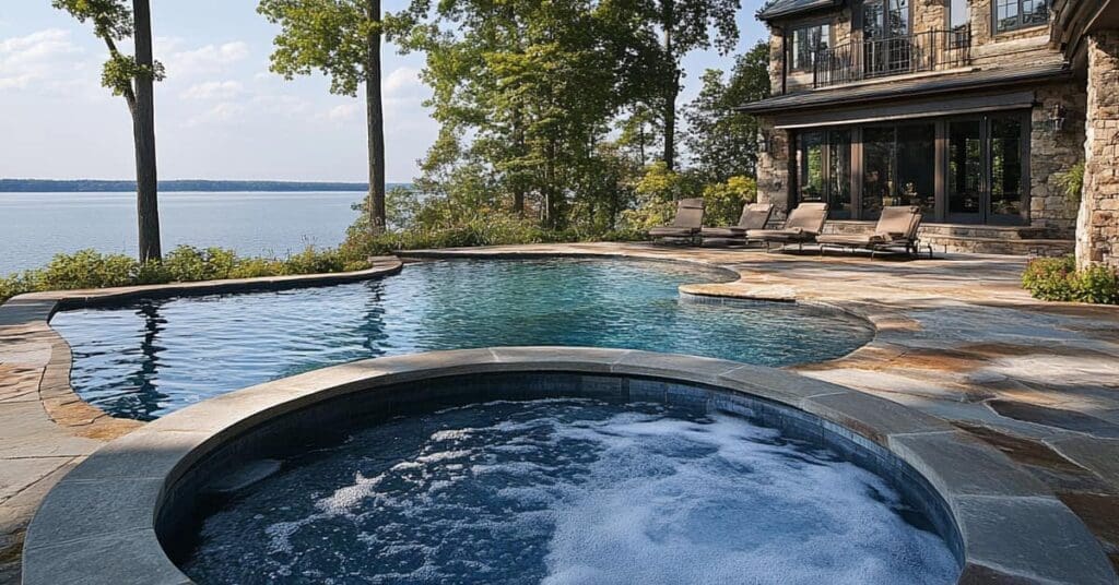 pool and spa behind stone home overlooking the lake built by Spring TX Pool Builders