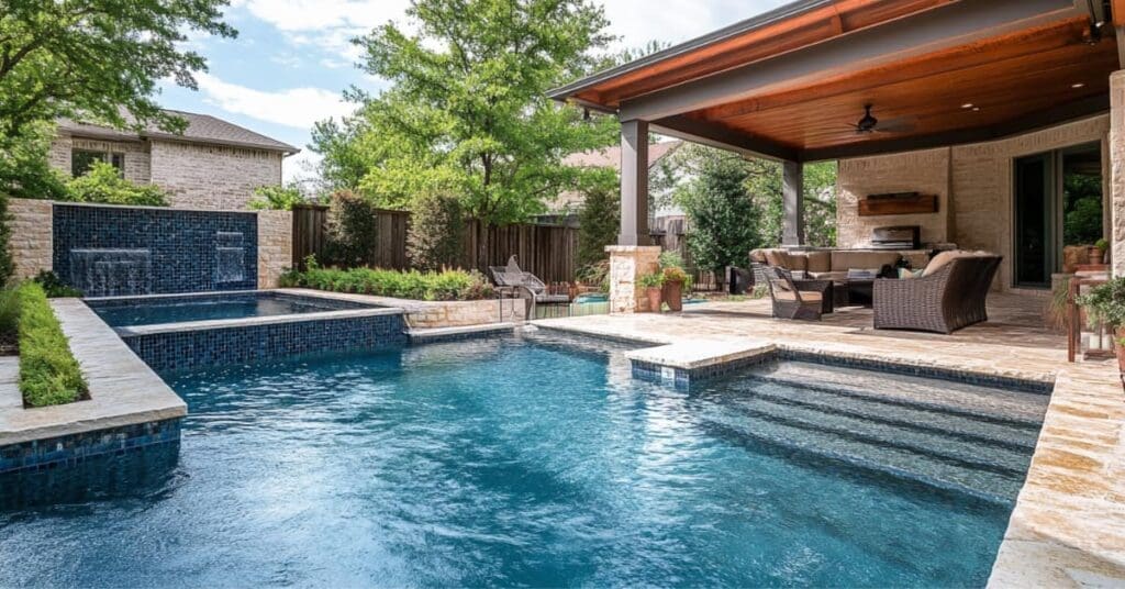 pool, spa, outdoor kitchen under patio cover, Pecan Grove TX pool builders
