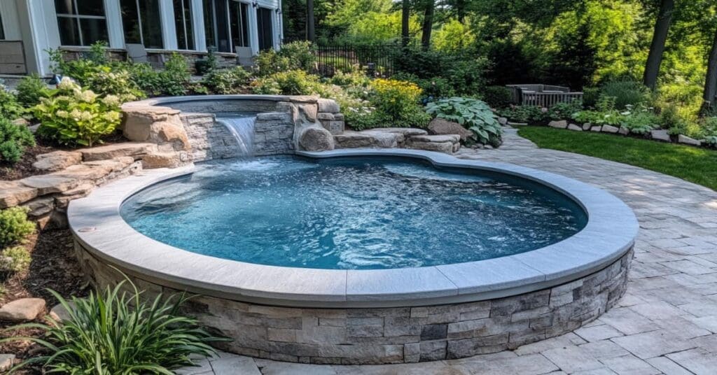 round raised small pool with raised stone spa with water spilling into pool