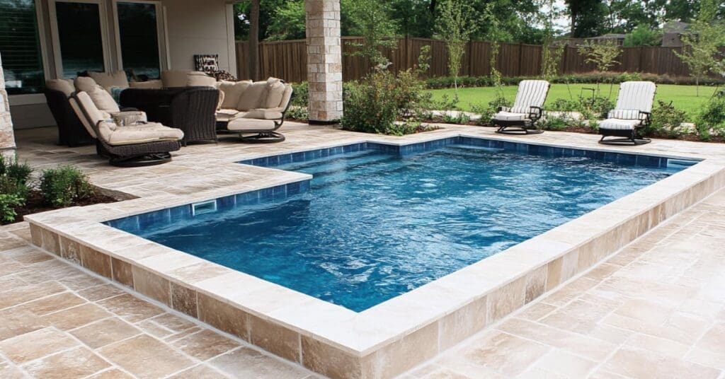 rectangle inground pool with raised stone edge in backyard, representing Pinehurst and Oak Ridge North Pool Builders and New Ulm to Cat Spring