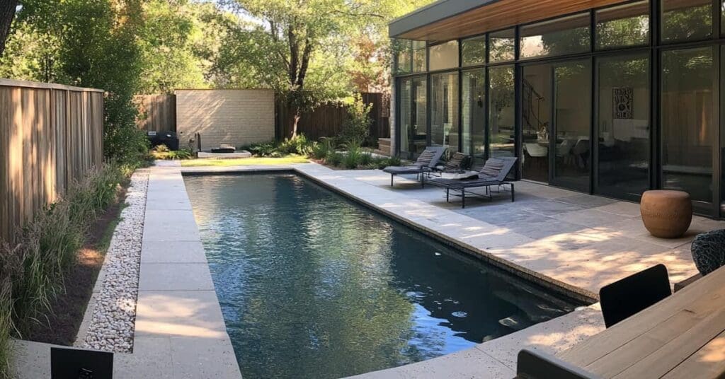 rectangle pool with deck behind house with glass windows, fence around, Navasota TX pool builder