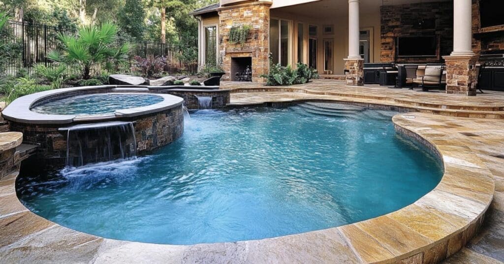 pool and spa with stone deck behind stone house, Brenham TX pool builder