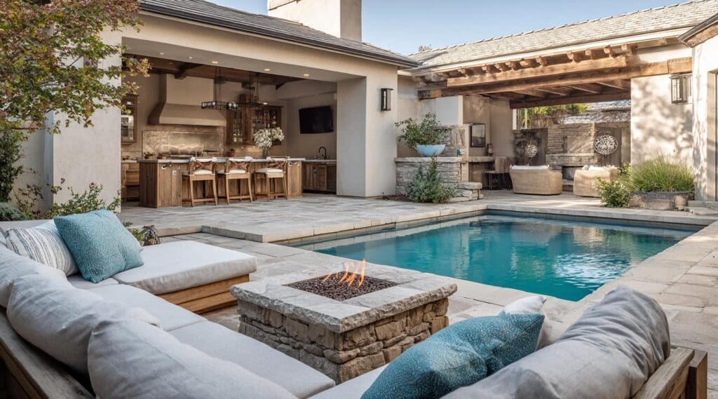 outdoor kitchen, pavilion, fire pit, sofa, cushions and pool, concept of Waller, Texas Outdoor Living & Remodeling Id