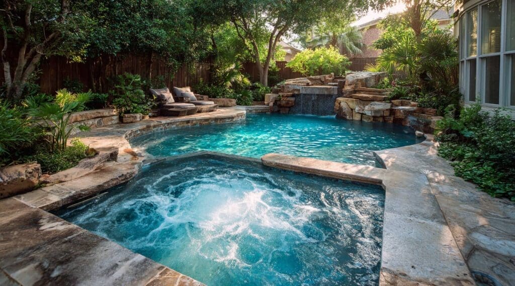 freeform pool, bubbling spa, stone deck, rock waterfalls, Montgomery TX pool builder