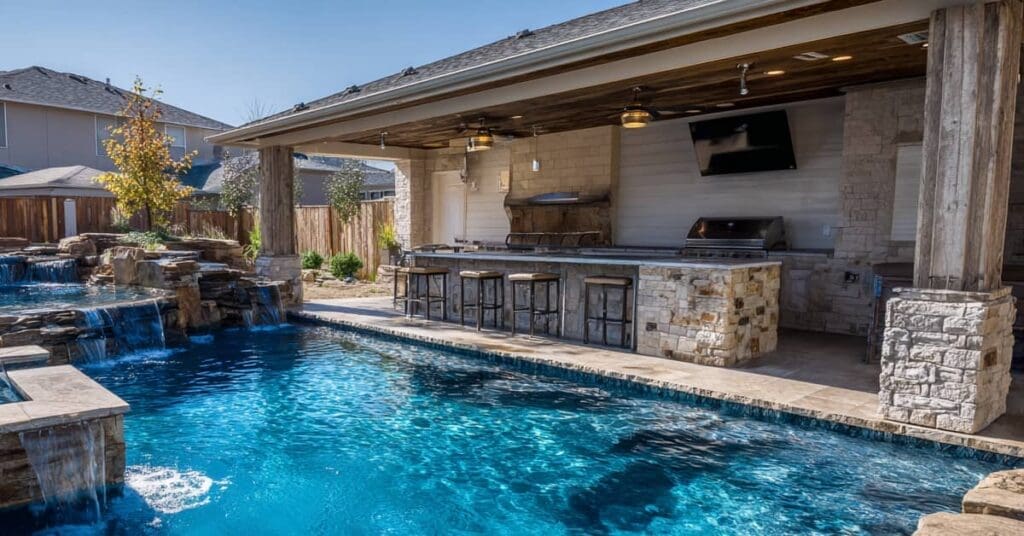 pool, outdoor kitchen, bar island, bar stools, tv under patio cover, Montgomery TX Outdoor Living Design