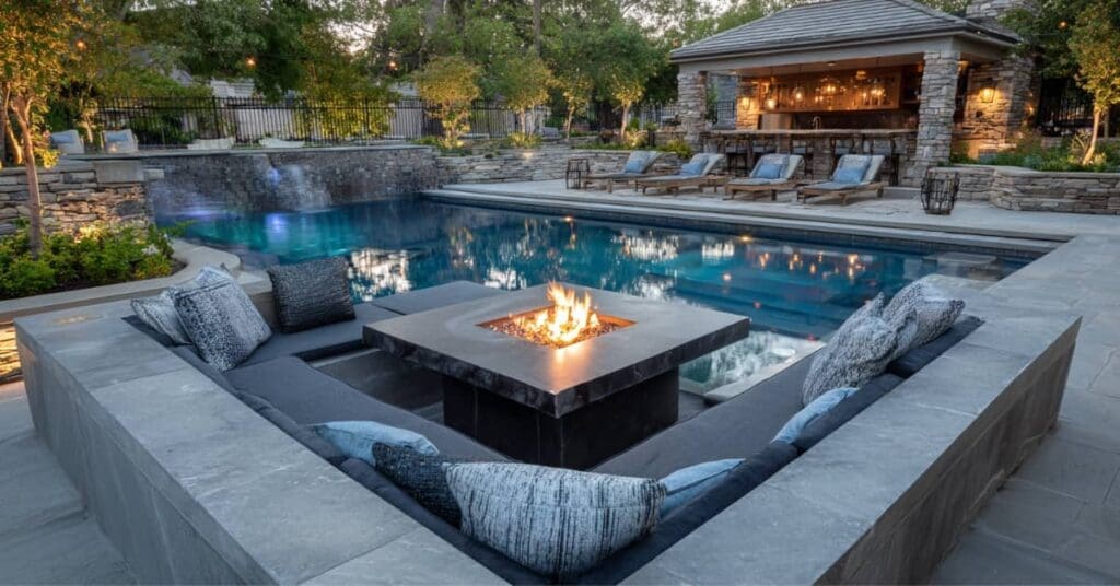 firepit, seating, cushions, pillows, pool, loungers, outdoor kitchen, Montgomery TX Outdoor Living Design