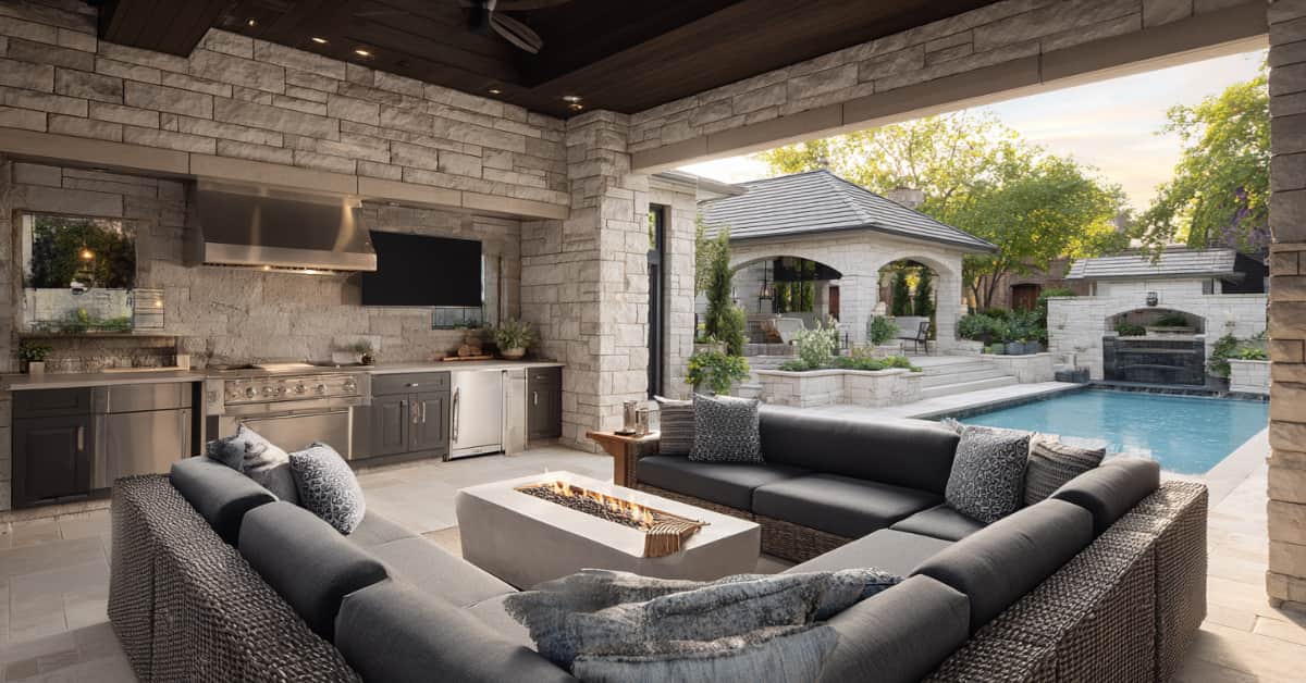 outdoor kitchen design plan with seating and pool in the background