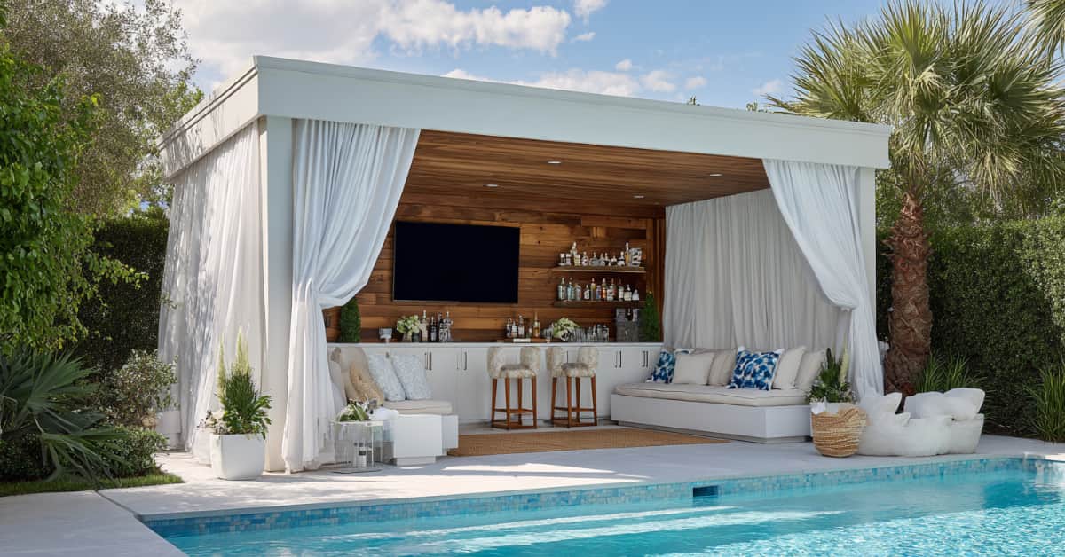 poolside cabana, draped curtains, bar, stools, daybeads, concept of pool patio cover ideas in texas