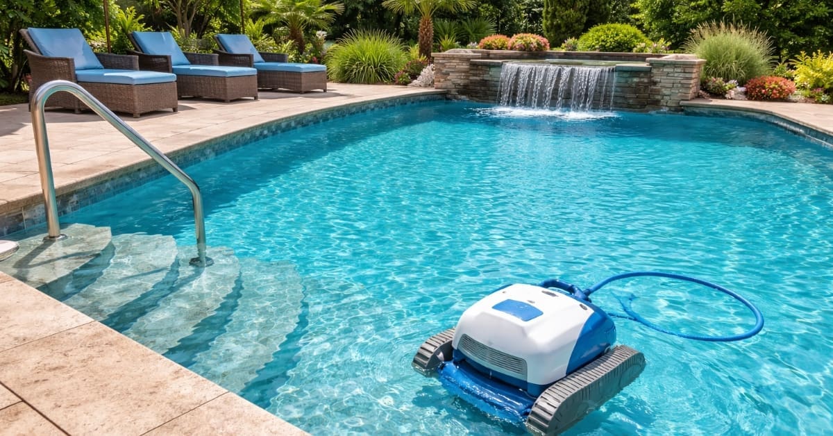 inground pool with steps, waterfall, lounge seating, umbrellas, and pool vacuum representing Pool Maintenance & Repair Guide Houston Area Homeowners