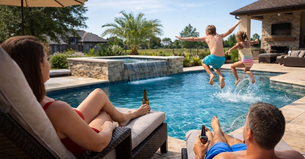 kids jumping into pool, parents relaxing deck, concept of FREE 1-Year Pool Cleaning With New Custom Inground Pool